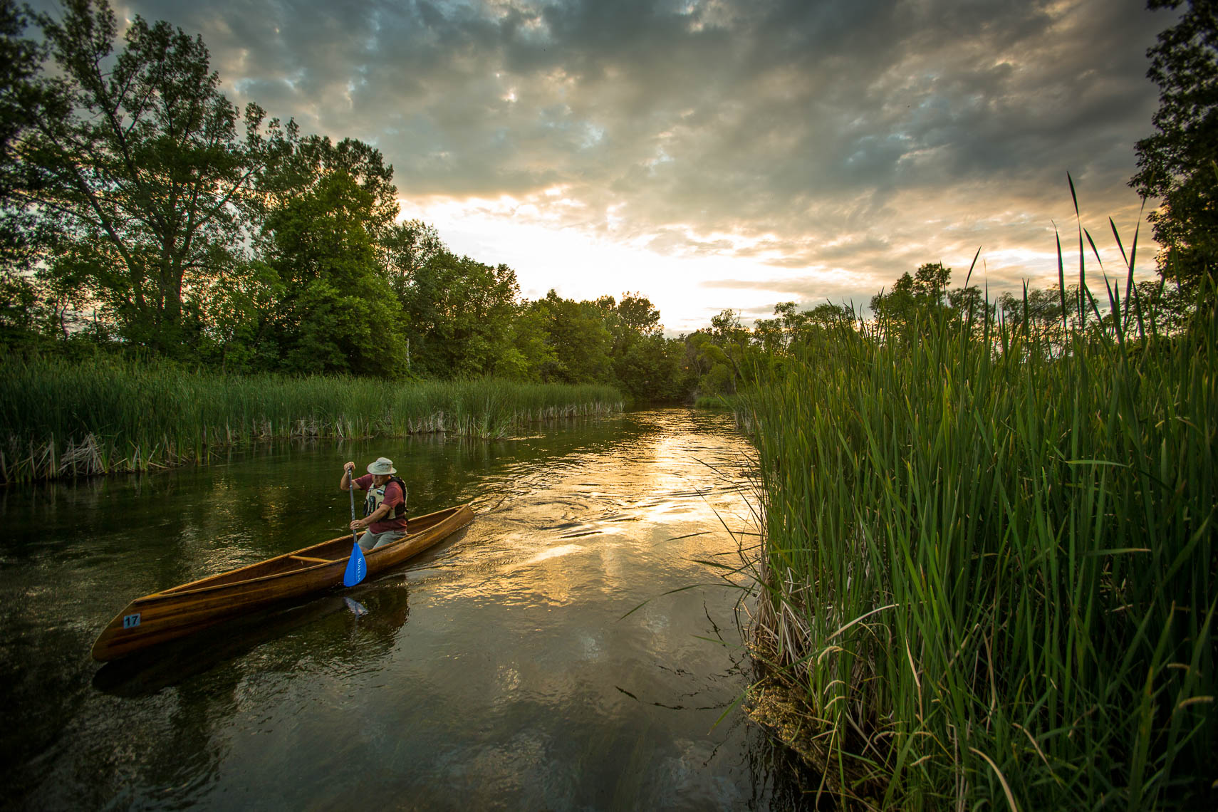 Solo Canoe Paddling on a Creek  in Northern Minnesota
